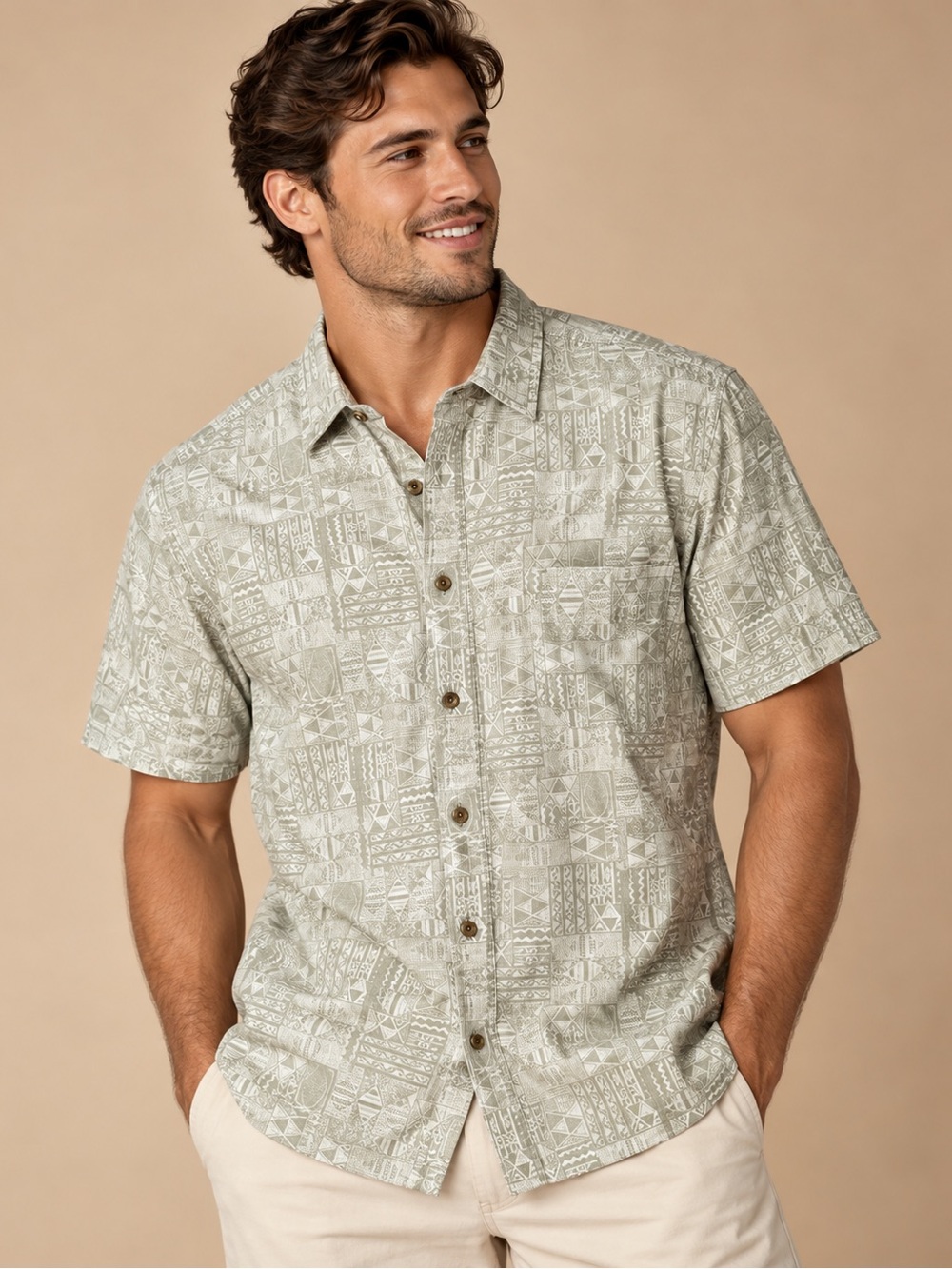 Croft & Barrow Men’s XL Neutral Geometric Short Sleeve Button Down Shirt